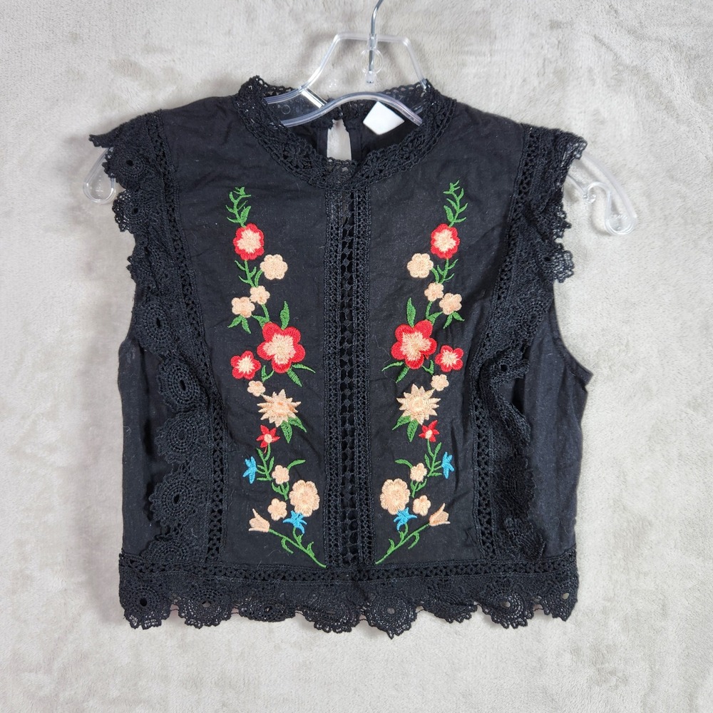 SHEIN Embroidered Lace Trim Crop Top Womens Small Black Floral Boho‎ Festival